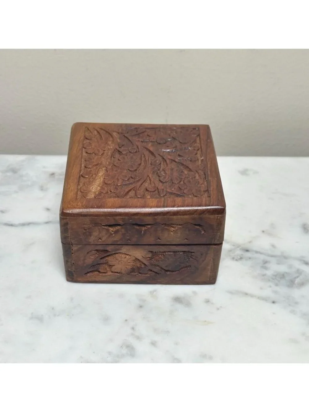 Hand Carved Wooden Keepsake Box, Floral Carved Wood Jewelry Box Vintage Style